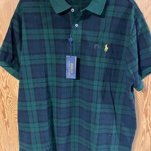 Ralph Lauren Men's Navy and Green Plaid Polo Shirt
